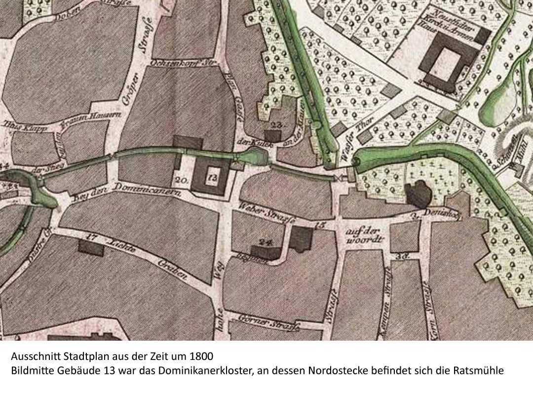 Lage der Ratsmühle, Stadtplan aus dem 18. Jahrhundert